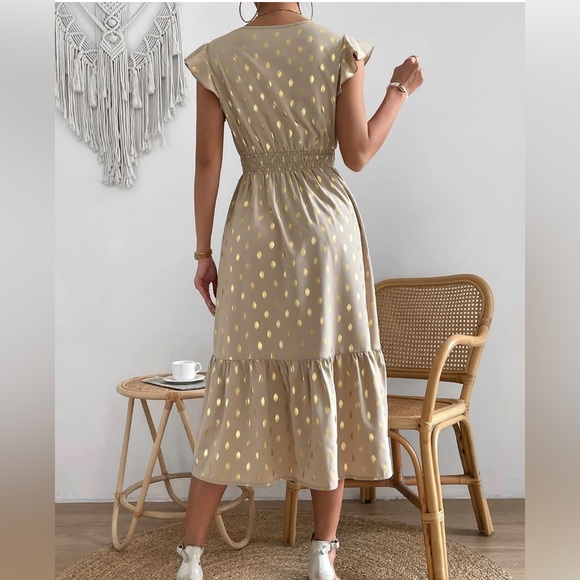 Gold Dot Print Butterfly Sleeve Split Thigh Dress - Picture 2 of 6